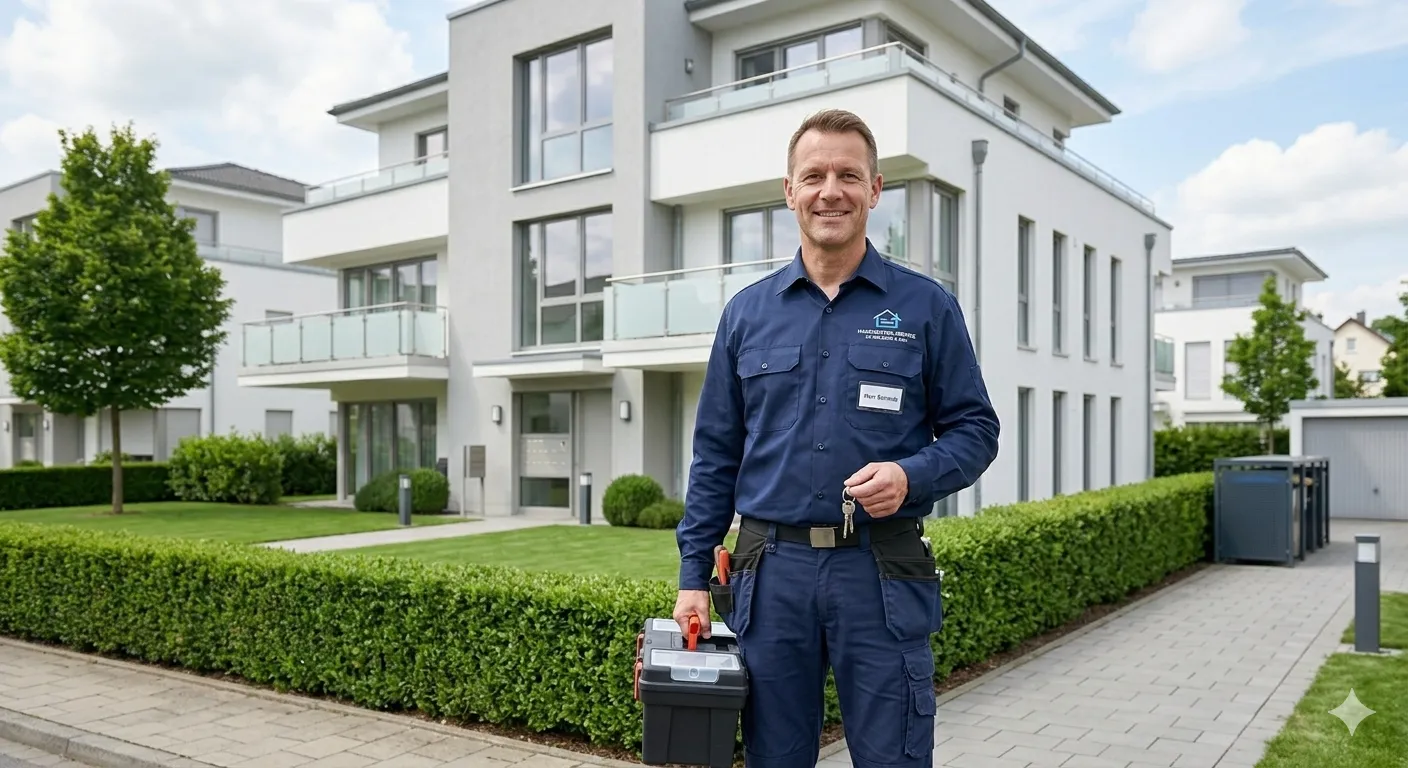 Hausmeister vor gepflegtem Wohngebäude